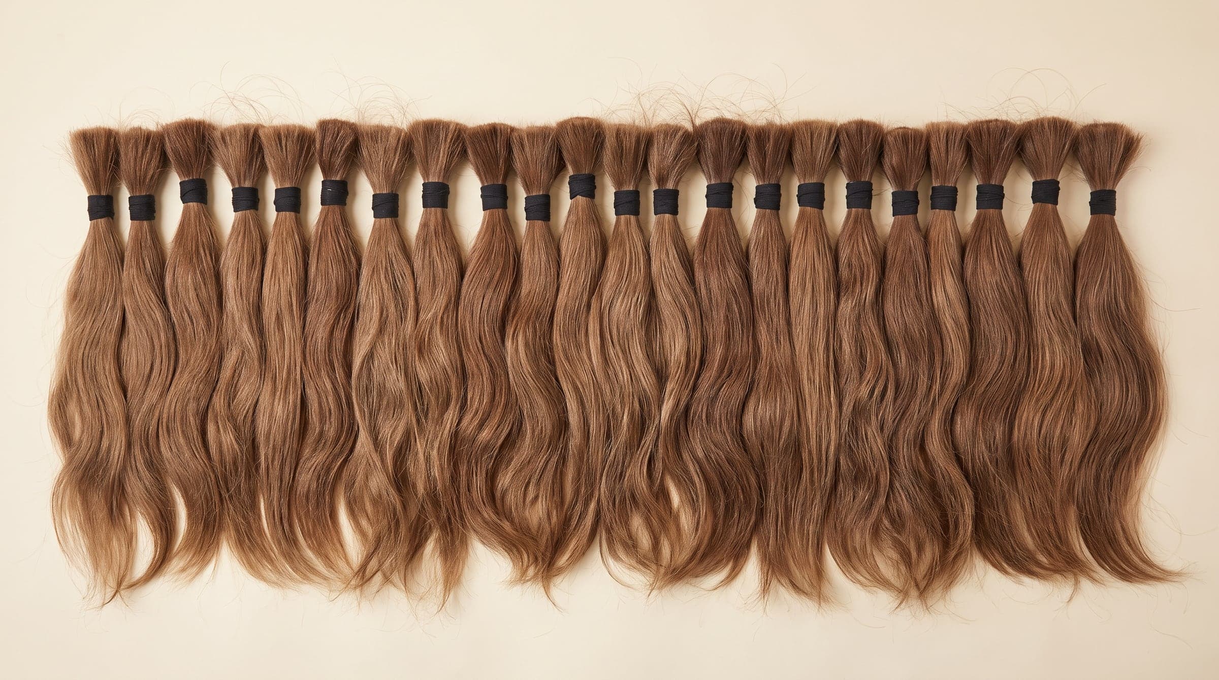 Row of Gold grade single-donor hair bundles in natural light brown on an ivory surface