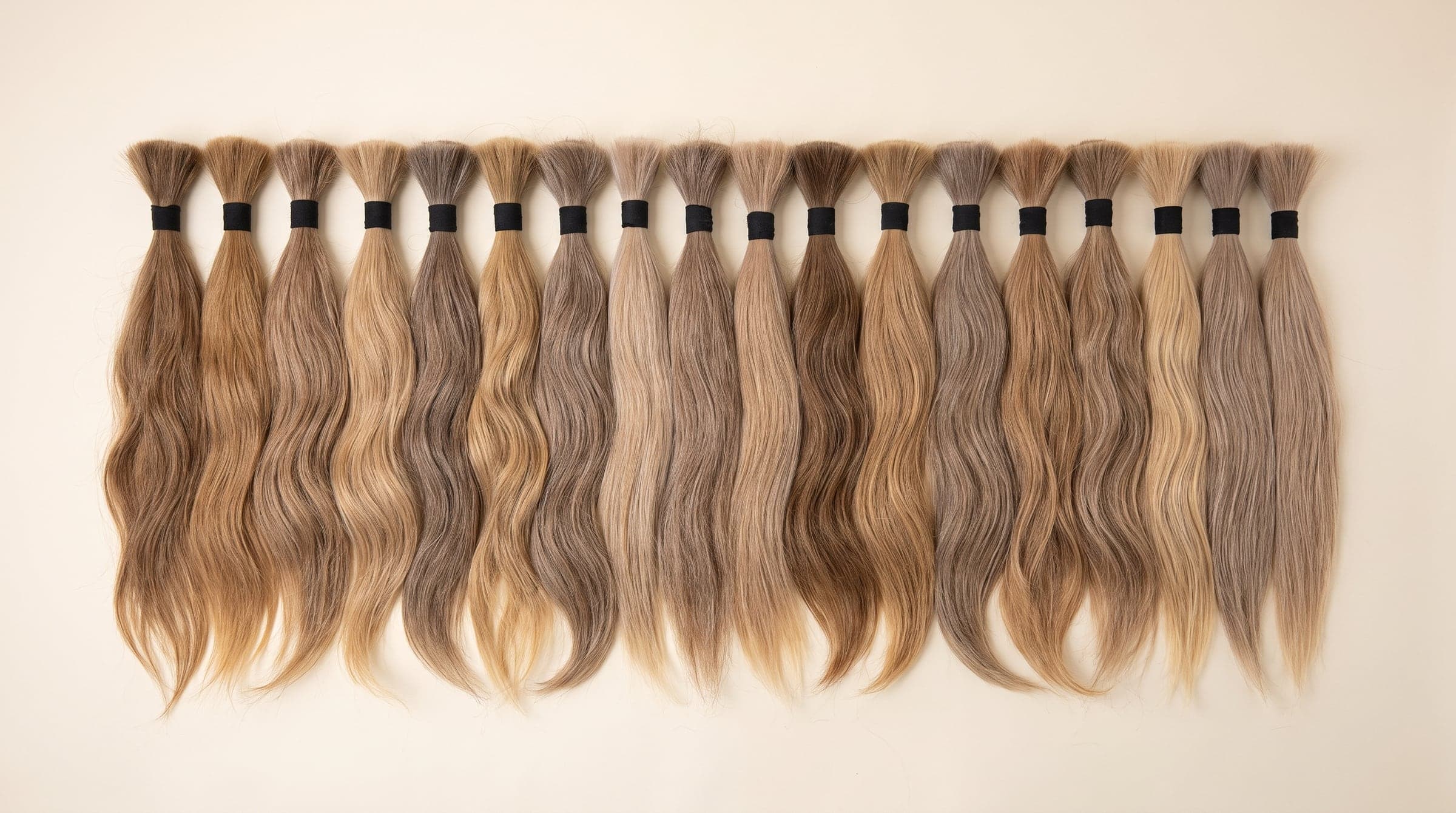 Premium grade single-donor hair bundles in natural blonde and light brown tones arranged on an ivory surface