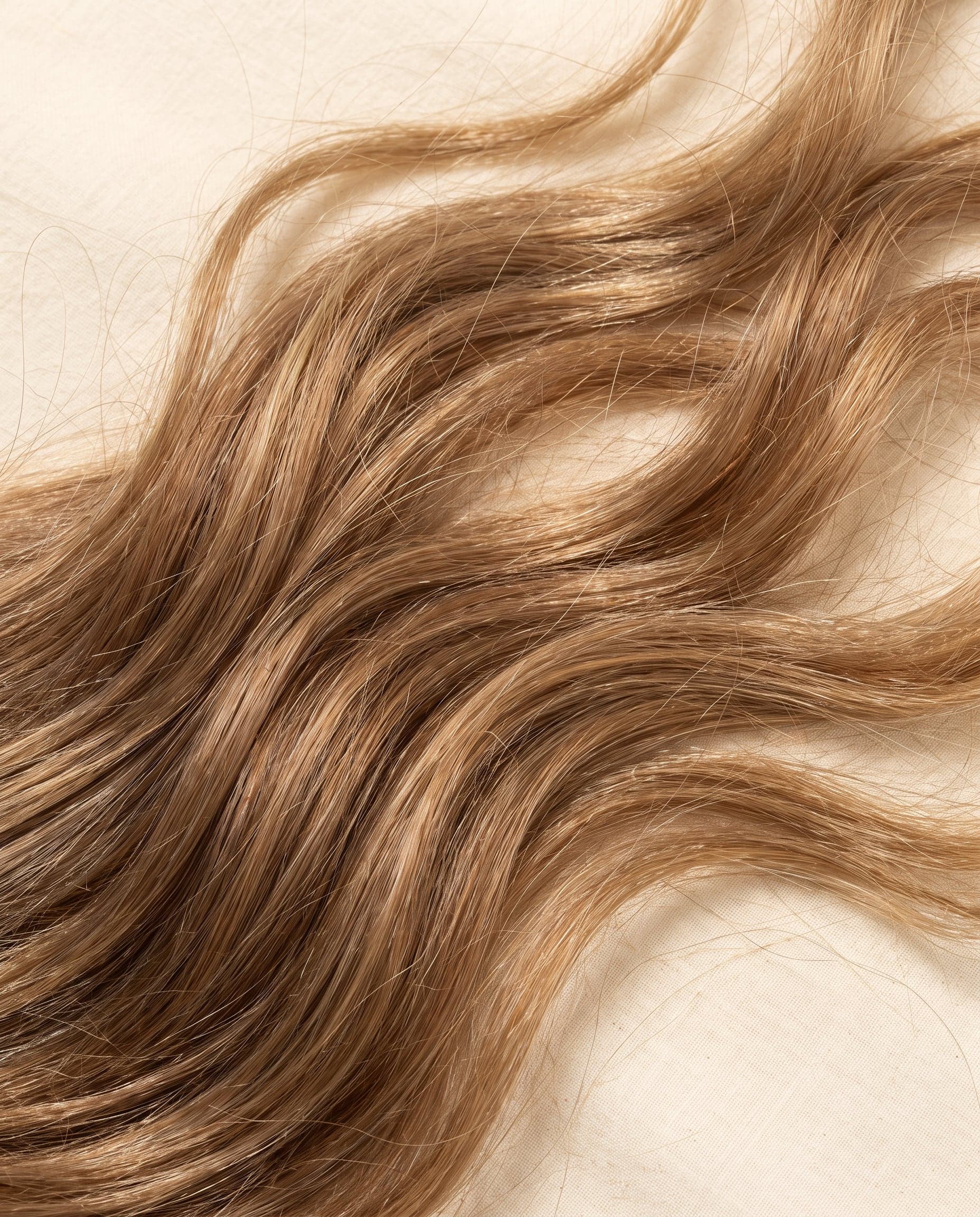 Premium grade hair in natural light brown with soft waves shown in close detail