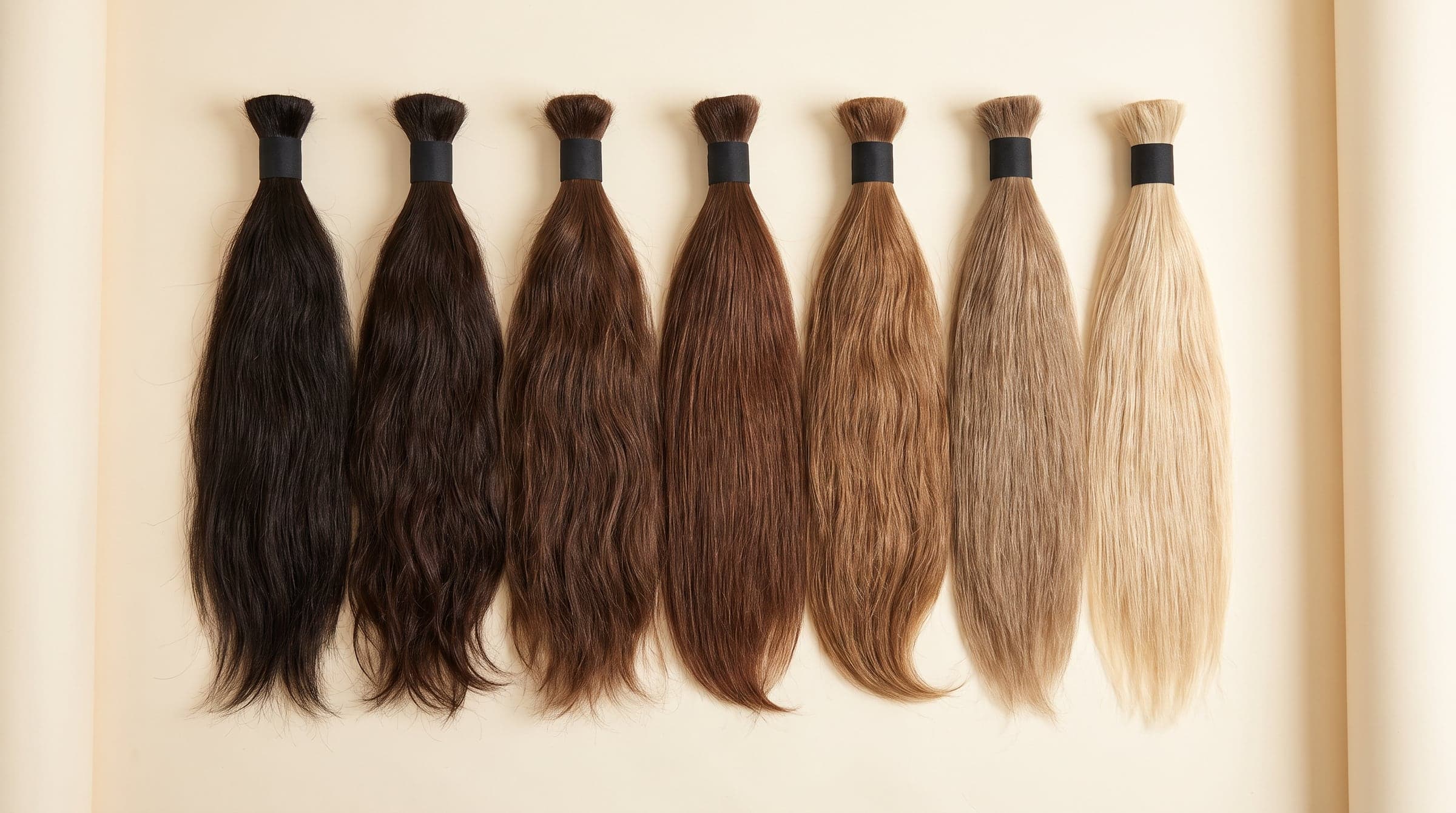 Row of human hair bundles in tones from deep natural brown to pale blonde laid flat on a warm ivory background